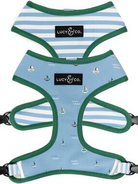 Lucy & Co. Blue Sailboat Dog Harness with Green Trim- Reversible